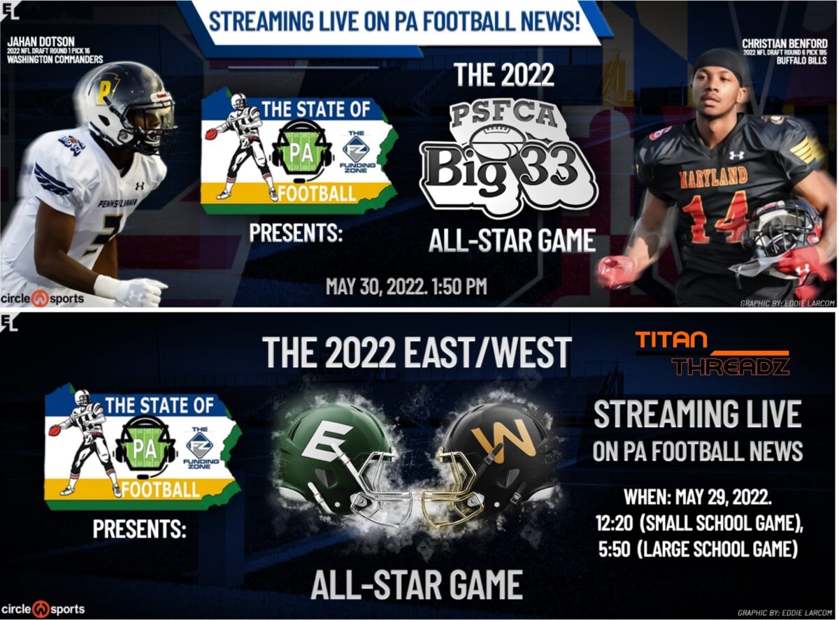 PAFootballnews is PROUD to announce the Livestream of the PSFCA Big 33 and Titan Threadz East/West All-Star Games