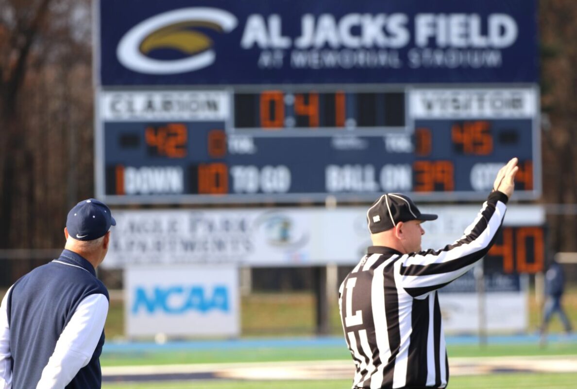 In a home field heartbreaker, the Clarion Golden Eagles (6-4) lose a PSAC west division game against the IUP Crimson Hawks (7-2) late in the 4th. 45-42 (photo gallery)