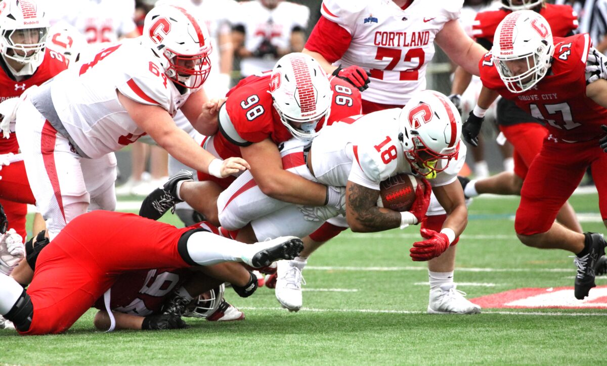 The Cortland Red Dragons (1-0) spoils the Grove City Wolverines (0-1) home opener at Robert E. Thorn field. 28-18 (photo gallery)
